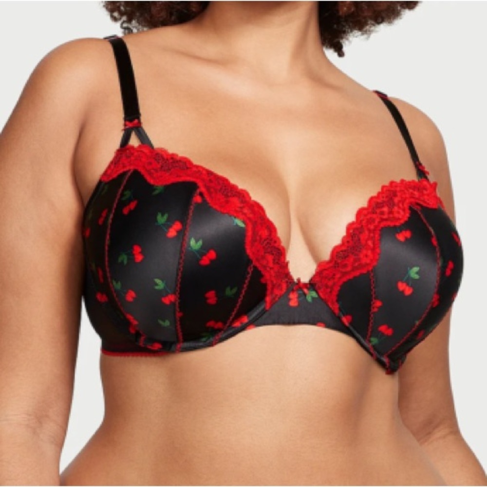 Victoria's Secret Black Bra with Red Lace and Cherry Print